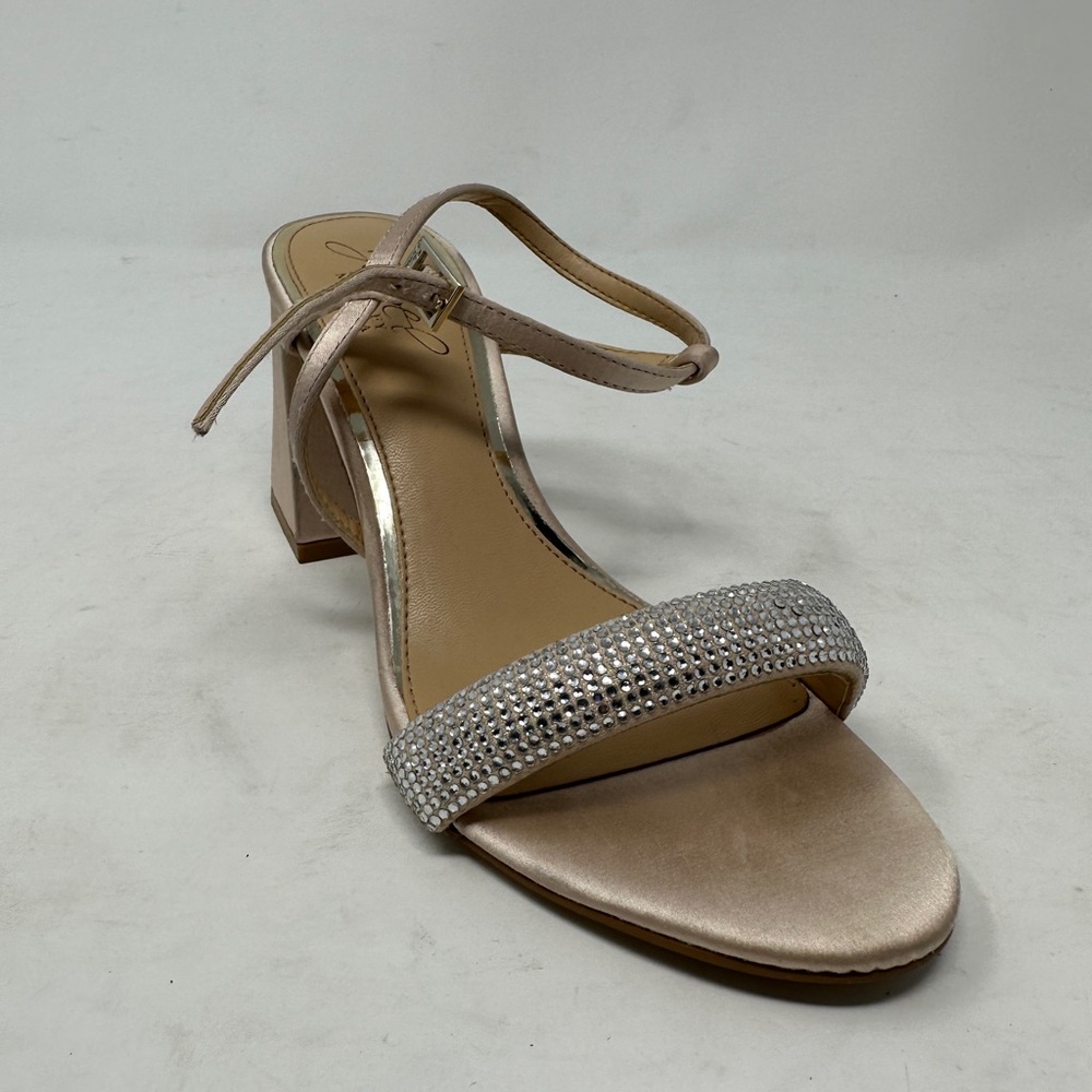 Jewel Badgley Mischka Earlene Block Heel Sandal Champagne Satin Women's 5.5 EUC
